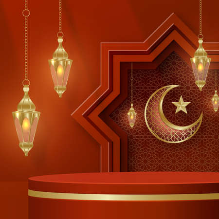 Islamic 3d podium round stage for Eid Mubarak, Ramadan Kareem, Muharram, Iftar, mawlid, isra miraj on color backgroundのイラスト素材