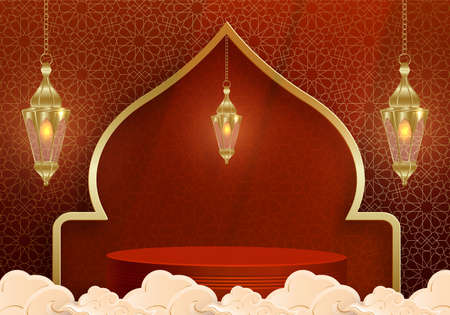 Islamic 3d podium round stage for Eid Mubarak, Ramadan Kareem, Muharram, Iftar, mawlid, isra miraj on color backgroundのイラスト素材