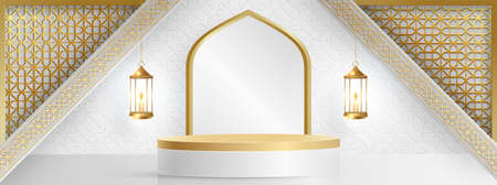 Islamic 3d podium round stage for Eid Mubarak, Ramadan Kareem, Muharram, Iftar on color backgroundのイラスト素材
