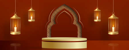 Islamic 3d podium round stage for Eid Mubarak, Ramadan Kareem, Muharram, Iftar on color backgroundのイラスト素材