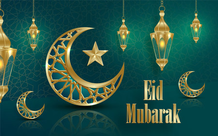 Eid Mubarak or Ramadan Kareem on Islamic design concept with crescent moon on color background