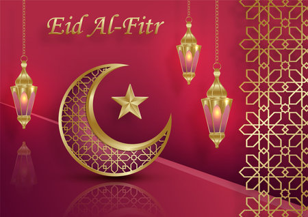 Eid al Fitr, the Muslim holiday marking the breaking of the fast of the month of Ramadan with Oriental design and Islamic background with gold pattern on color backgroundのイラスト素材