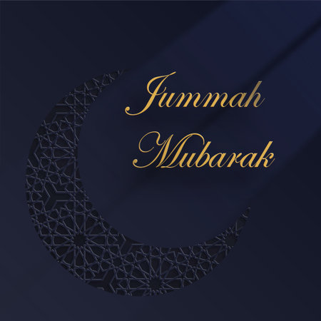 Happy Jummah Mubarak gold Arabic calligraphy with Beautiful Moon and Islamic Pattern design on paper color background. The meaning is : Blessed Holy Friday