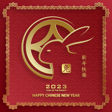 Happy Chinese New Year 2023 Rabbit Zodiac sign, with gold paper cut art and craft style on color background for greeting card, flyers, poster (Chinese Translation: happy New Year 2023, year of Rabbit)のイラスト素材