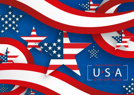 Happy Independence day of USA card with red paper cut style on color background for festive national anniversary of USA, on July 4のイラスト素材