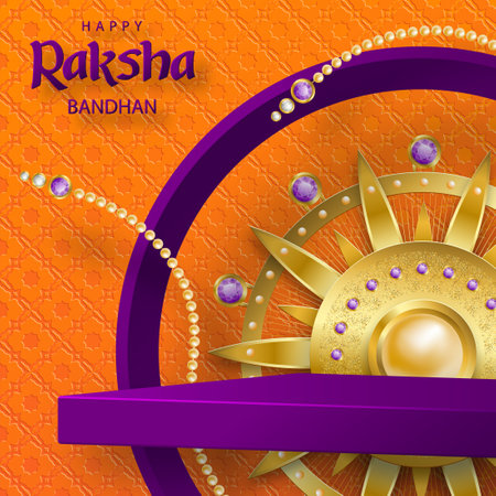 3d Round podium stage for Happy Raksha Bandhan, the traditional Indian festival with with Rakhi elements and crystal on color backgroundのイラスト素材
