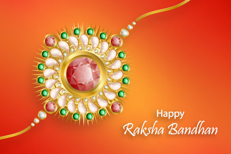 Happy Raksha Bandhan, the Indian festival, with rakhi elements and crystal on color background