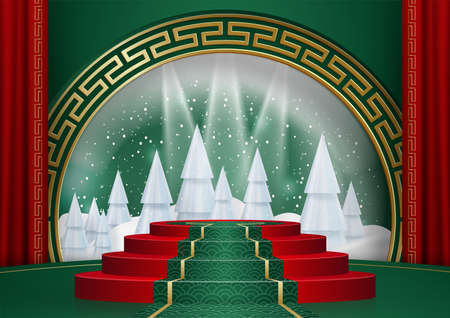 3d Podium round stage style, for Merry Christmas and happy new year and festivals or greeting festival on paper cut art and craft with color background and festive elementsのイラスト素材