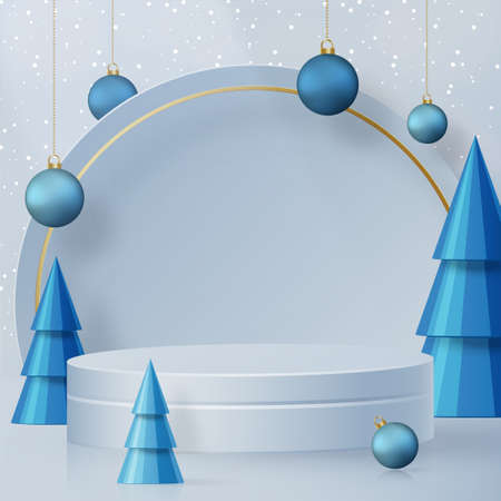 3d Podium round stage style, for Merry Christmas and happy new year and festivals or greeting festival on paper cut art and craft with color background and festive elementsのイラスト素材