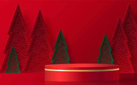 3d Podium round stage style, for Merry Christmas and happy new year and festivals or greeting festival on paper cut art and craft with color background and festive elementsのイラスト素材