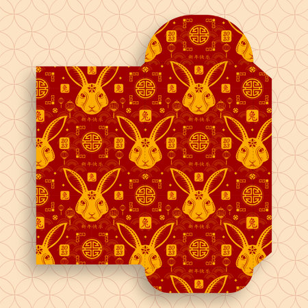 Chinese new year 2023 lucky red envelope money packet on color background for the year of the Rabbit (Translation : happy Chinese new year 2023, year of the Rabbit)のイラスト素材
