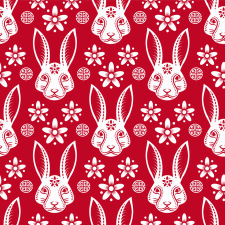 Seamless pattern with Asian elements on color background for happy Chinese new year of the Rabbit 2023, flyers, poster and banner, (translate : Chinese happy new year, 2023)のイラスト素材