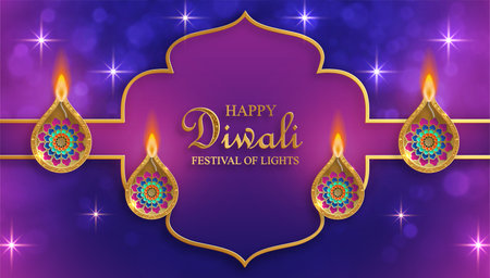 Happy Diwali vector illustration. Festive Diwali and Deepawali card. The Indian festival of lights on color backgroundのイラスト素材
