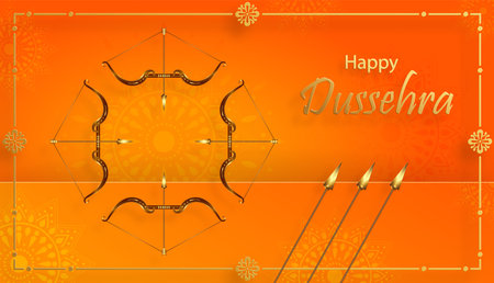 Happy Dussehra festival celebration, Indian illustration of Lord Rama symbols and with Oriental elements and arrow bowのイラスト素材