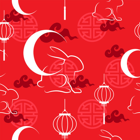 Seamless pattern with Chinese and Asian elements on color background for Chinese mid autumn festival (translate : Mid Autumn Festival)のイラスト素材
