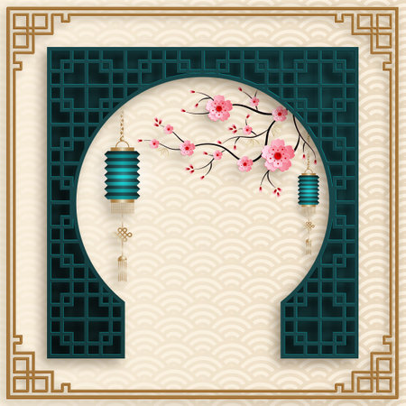 Chinese frame with oriental asian elements on color background, for wedding invitation card, happy new year, happy birthday, valentine day, greeting cards, poster or web bannerのイラスト素材