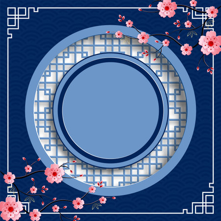 Chinese frame with oriental asian elements on color background, for wedding invitation card, happy new year, happy birthday, valentine day, greeting cards, poster or web bannerのイラスト素材