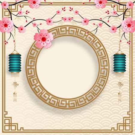 Chinese frame with oriental asian elements on color background, for wedding invitation card, happy new year, happy birthday, valentine day, greeting cards, poster or web bannerのイラスト素材