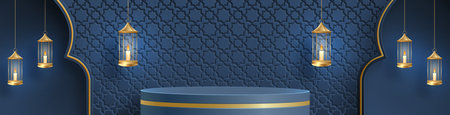 Islamic 3d podium round stage for Eid Mubarak, Ramadan Kareem, Muharram, Iftar on color backgroundのイラスト素材