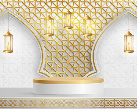 Islamic 3d podium round stage for Eid Mubarak, Ramadan Kareem, Muharram, Iftar on color backgroundのイラスト素材