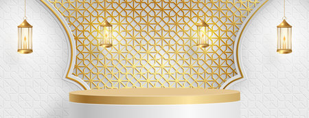 Islamic 3d podium round stage for Eid Mubarak, Ramadan Kareem, Muharram, Iftar on color backgroundのイラスト素材