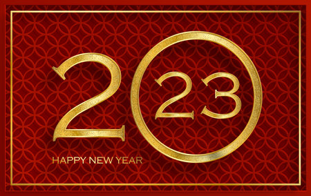 Happy Chinese New Year 2023 Rabbit Zodiac sign, with gold paper cut art and craft style on color...