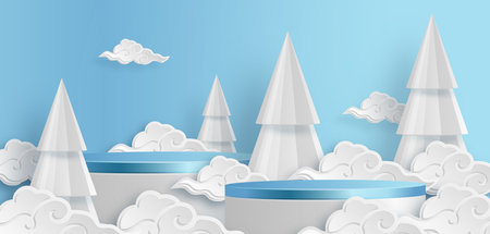 3d Winter Sale podium for banner illustration on festive pattern with snowflakes concept on color background.のイラスト素材