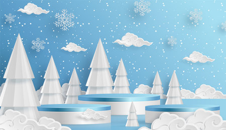 3d Winter Sale podium for banner illustration on festive pattern with snowflakes concept on color background.のイラスト素材