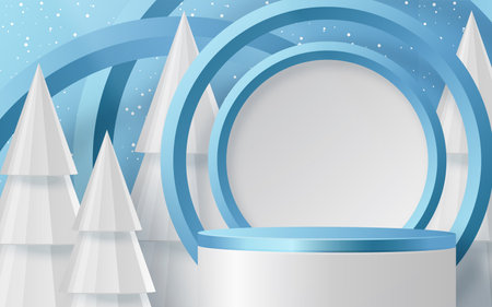 3d Winter Sale podium for banner illustration on festive pattern with snowflakes concept on color background.のイラスト素材