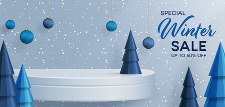 3d Winter Sale podium for banner illustration on festive pattern with snowflakes concept on color background.のイラスト素材