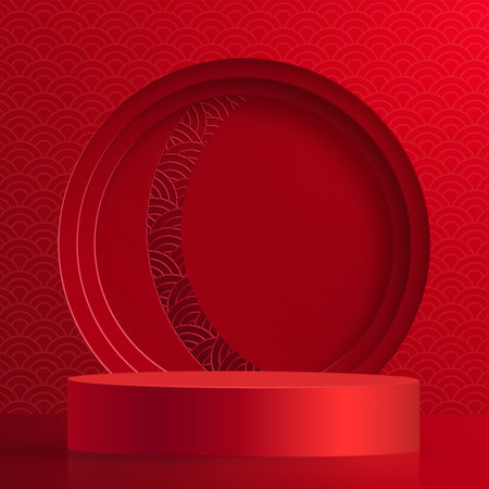 3d Podium round stage Chinese style, for Chinese new year and festivals or mid autumn festival with red paper cut art and craft on color background with asian elementsのイラスト素材
