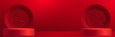 3d Podium round stage Chinese style, for Chinese new year and festivals or mid autumn festival with red paper cut art and craft on color background with asian elementsのイラスト素材