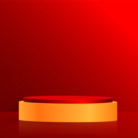 3d Podium round stage Chinese style, for Chinese new year and festivals or mid autumn festival with red paper cut art and craft on color background with asian elementsのイラスト素材