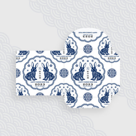 Chinese new year 2023 lucky blue envelope money packet on color background for the year of the Rabbit (Translation : happy Chinese new year 2023, year of the Rabbit)のイラスト素材