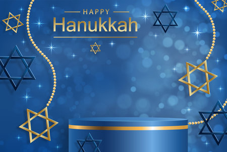 Happy Hanukkah podium round stage with nice and creative symbols and gold paper cut style on color background for Hanukkah Jewish holidayのイラスト素材
