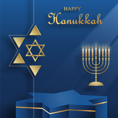 Happy Hanukkah podium round stage with nice and creative symbols and gold paper cut style on color background for Hanukkah Jewish holidayのイラスト素材