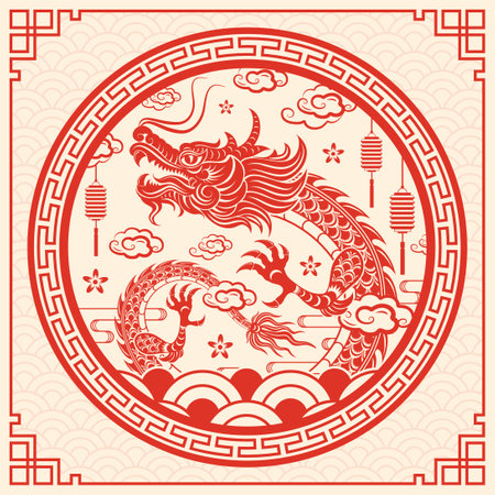 Happy Chinese new year 2024 Zodiac sign, year of the Dragon, with red paper cut art and craft style on white color background (Chinese Translation : happy new year 2024, year of the Dragon)のイラスト素材