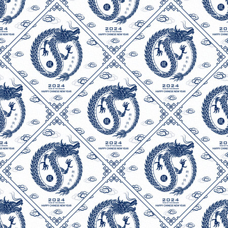 Seamless pattern with Asian elements on color background for happy Chinese new year of the Dragon 2024, flyers, poster and banner, (translate : Chinese happy new year, 2024)のイラスト素材