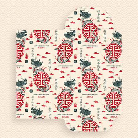 Chinese new year 2024 lucky red envelope money pocket on color background for the year of the Dragon (Translation : happy Chinese new year 2024, year of the Dragon)の写真素材