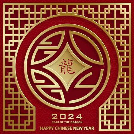 Happy Chinese new year 2024 Dragon Zodiac sign, with gold paper cut art and craft style on color background (Chinese Translation: happy new year 2024, year of Dragon)のイラスト素材