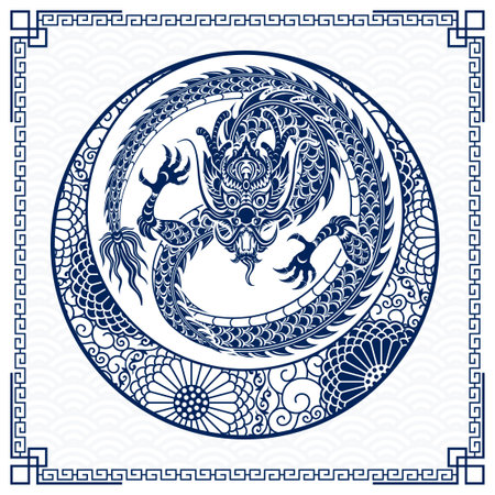 Happy Chinese new year 2024 Zodiac sign, year of the Dragon, with blue paper cut art and craft style on white color background (Chinese Translation : happy new year 2024, year of the Dragon)のイラスト素材