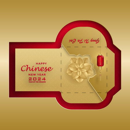 Chinese new year 2024 lucky red envelope money pocket on color background for the year of the Dragon (Translation : happy Chinese new year 2024, year of the Dragon)のイラスト素材