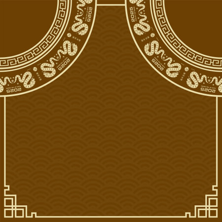 Happy Chinese new year 2025 Zodiac sign, year of the Snake, with yellow paper cut art and craft style on brown color background (Chinese Translation : happy new year 2025, year of the Snake)のイラスト素材