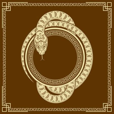 Happy Chinese new year 2025 Zodiac sign, year of the Snake, with yellow paper cut art and craft style on brown color background (Chinese Translation : happy new year 2025, year of the Snake)のイラスト素材
