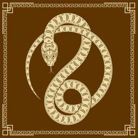 Happy Chinese new year 2025 Zodiac sign, year of the Snake, with yellow paper cut art and craft style on brown color background (Chinese Translation : happy new year 2025, year of the Snake)のイラスト素材