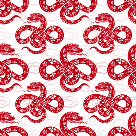 Seamless pattern with Asian elements on color background for happy Chinese new year of the Snake 2025, flyers, poster and banner, (translate : Chinese happy new year, 2025)のイラスト素材