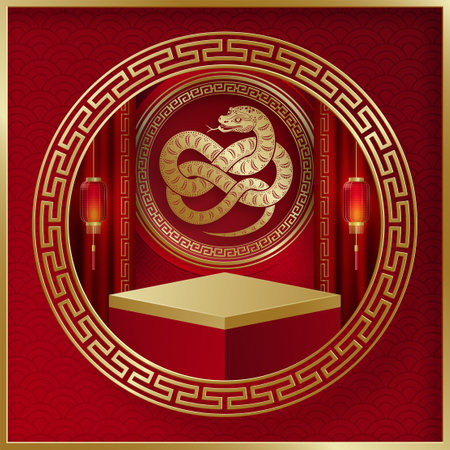 3d Podium square stage for happy Chinese new year 2025 Snake Zodiac sign, on color background (Chinese Translation: happy new year 2025, year of Snake)のイラスト素材