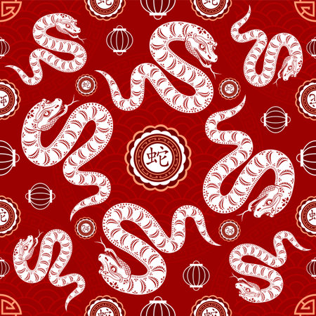 Seamless pattern with Asian elements on color background for happy Chinese new year of the Snake 2025, flyers, poster and banner, (translate : Chinese happy new year, 2025)のイラスト素材