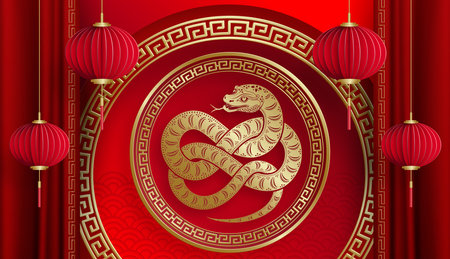 Happy Chinese new year 2025 Snake Zodiac sign, with gold paper cut art and craft style on color...