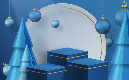 3d Podium round stage style, for Merry Christmas and happy new year and festivals or greeting festival on paper cut art and craft with color background and festive elementsのイラスト素材